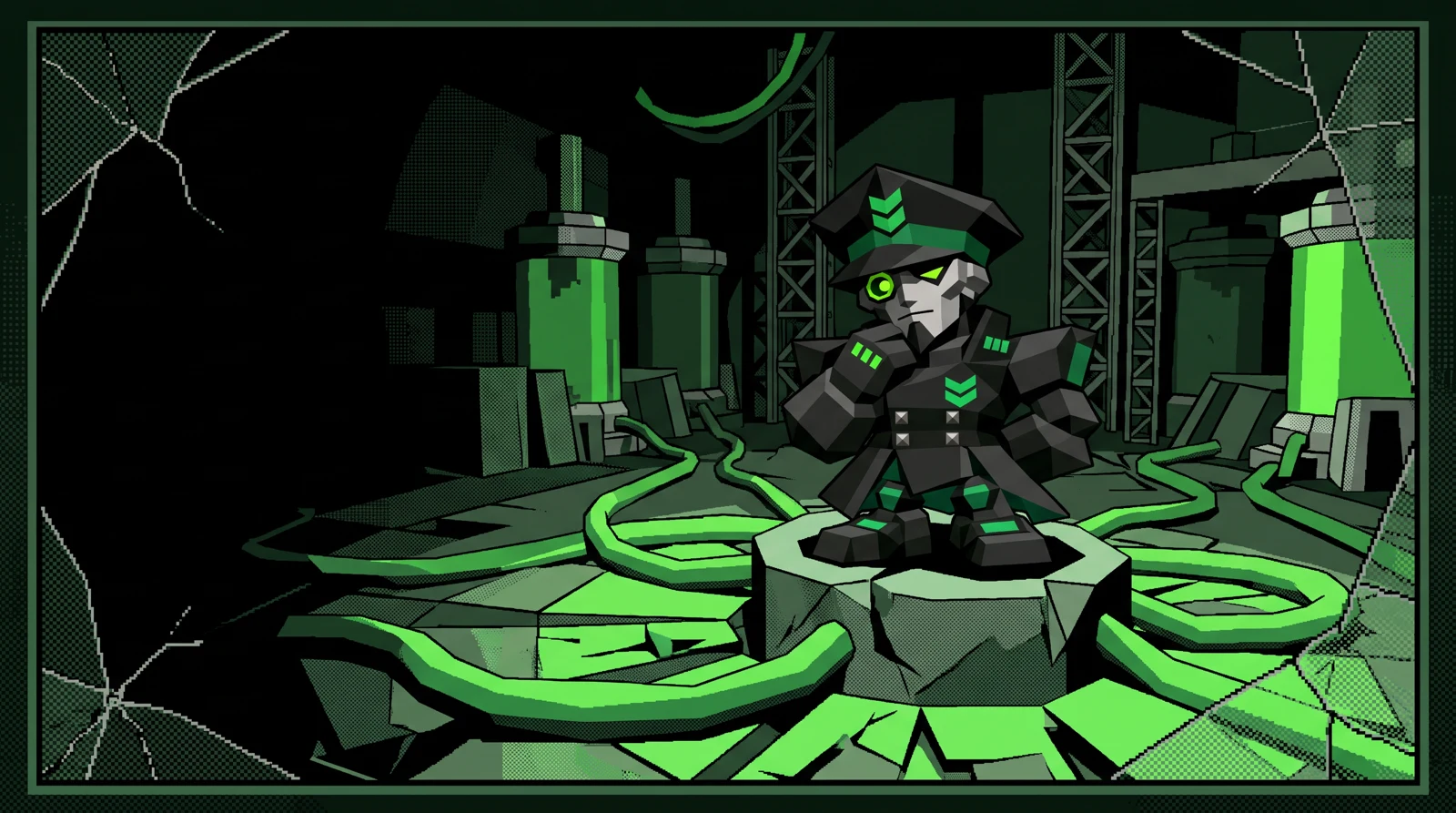 The polygon general in a green-lit containment chamber