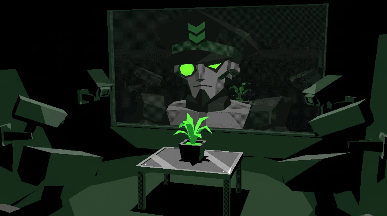 A tiny plastic plant in a dark room watched by six cameras