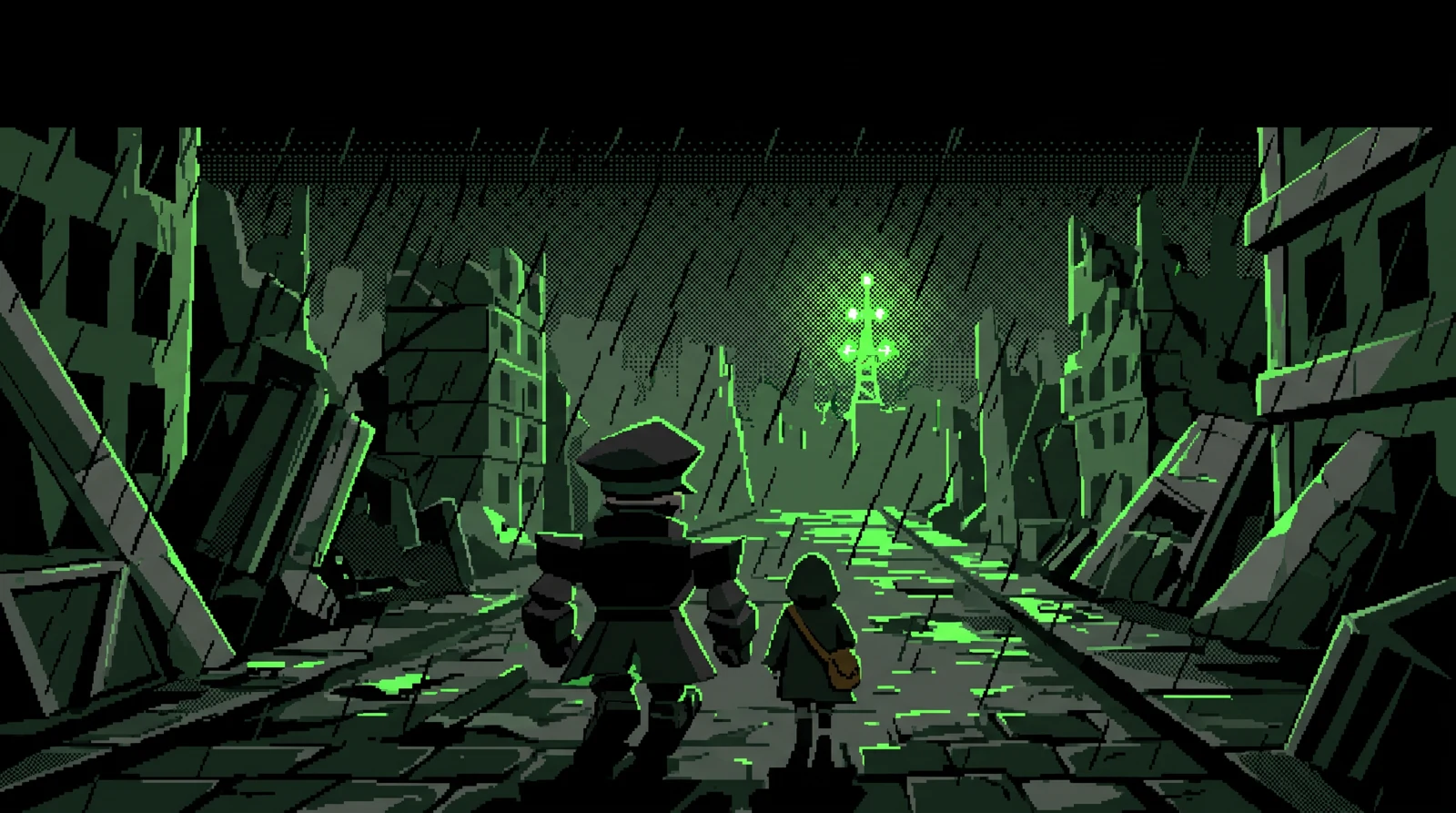 The general and a courier walk toward a distant green beacon
