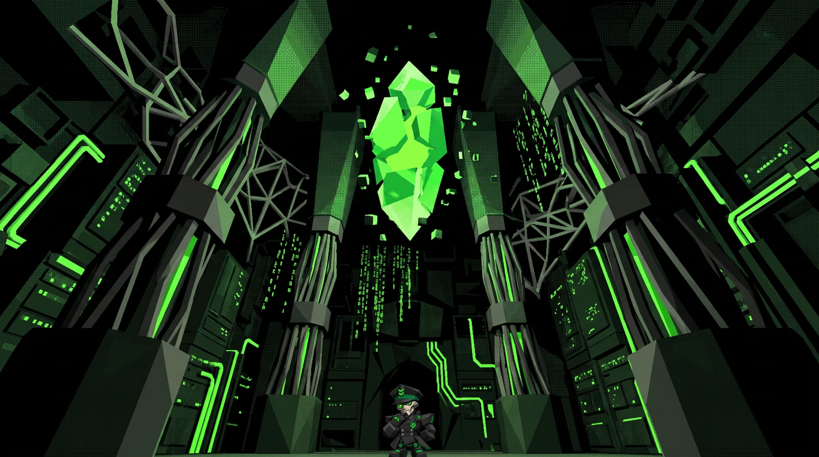A luminous green memory crystal in a vast cable cathedral